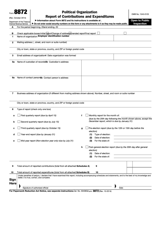 Fillable Form 8872 - Political Organization Report Of Contributions And Expenditures Printable pdf