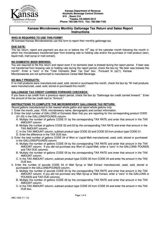 Fillable Form Abc-1025 - Microbrewery Monthly Gallonage Tax Return And Sales Report Printable pdf