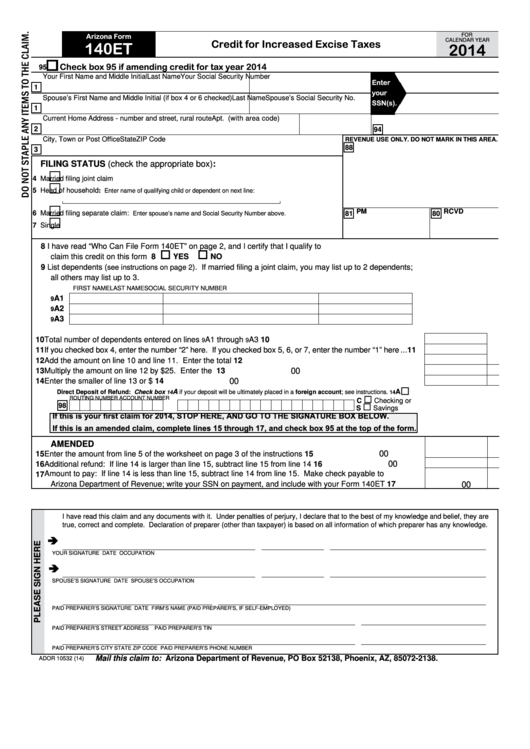Fillable Arizona Form 140et - Credit For Increased Excise Taxes - 2014 Printable pdf