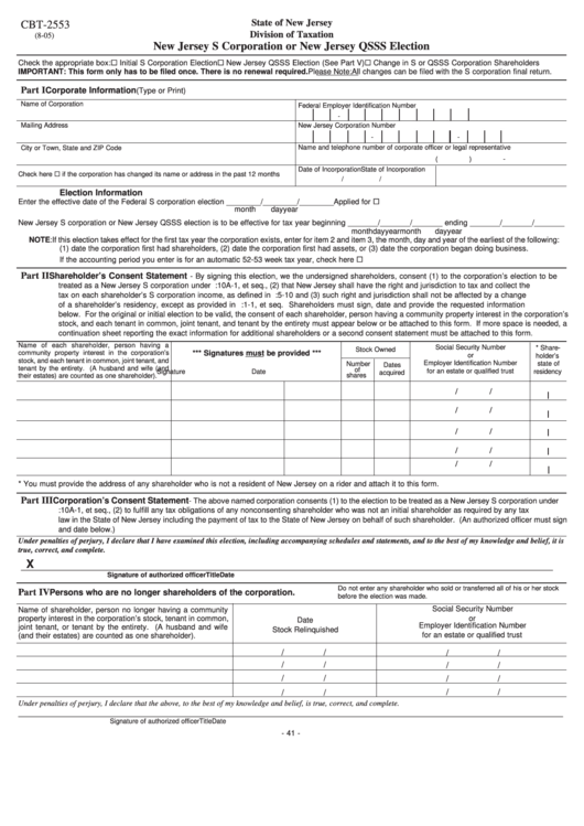 Fillable Form Cbt-2553 - New Jersey S Corporation Or New Jersey Qsss Election Printable pdf