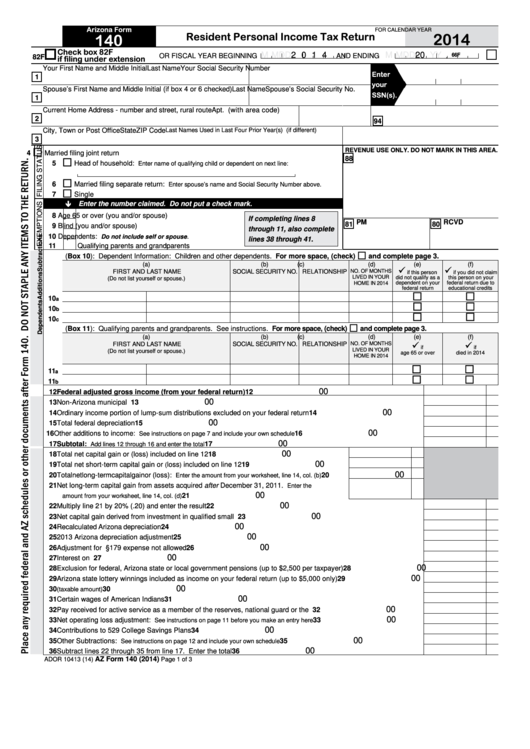Arizona Form 140 - Resident Personal Income Tax Return - 2014