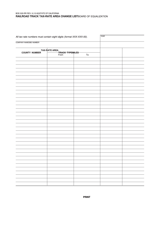 Fillable Form Boe-535-Rr - Railroad Track Tax-Rate Area Change List Printable pdf