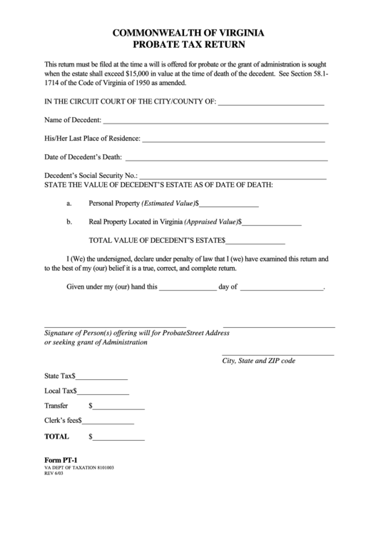 Fillable Form Pt-1 - Commonwealth Of Virginia Probate Tax Return Printable pdf