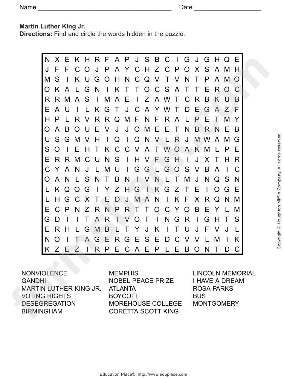martin luther king jr word search puzzle template printable pdf download