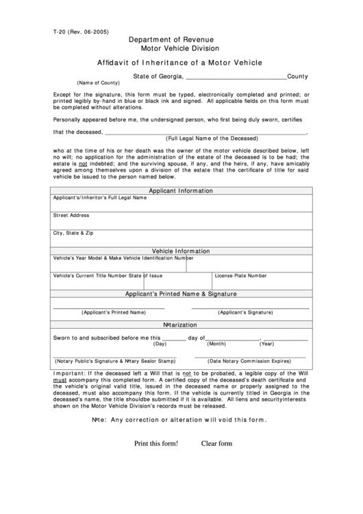 Fillable Form T-20 - Affidavit Of Inheritance Of A Motor Vehicle Printable pdf