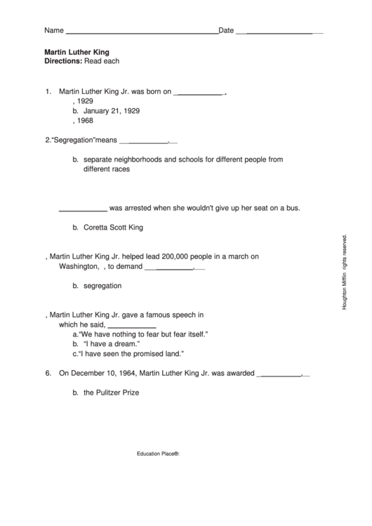 Martin Luther King Jr. Quiz Template Printable pdf