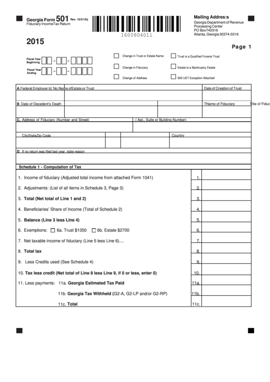 Fillable Georgia Form 501 - Fiduciary Income Tax Return - 2015 Printable pdf
