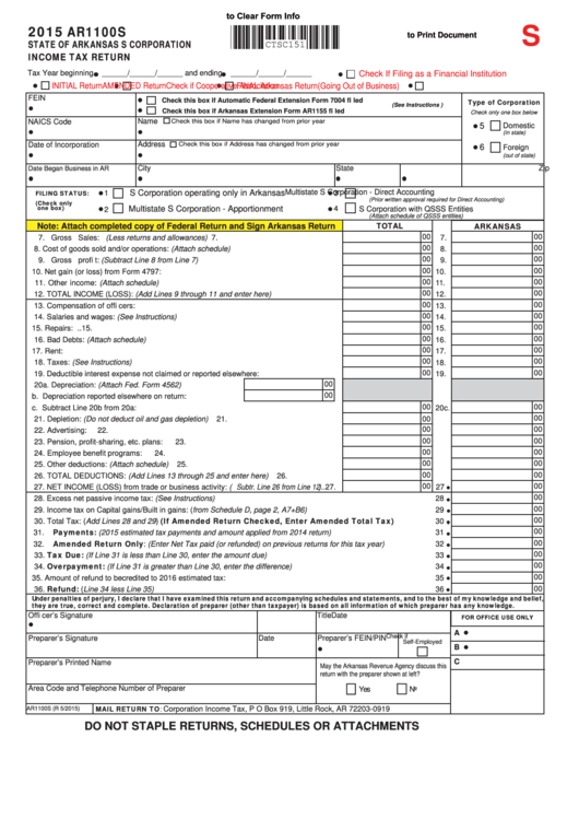 Fillable Form Ar1100s - State Of Arkansas S Corporation Income Tax Return - 2015 Printable pdf