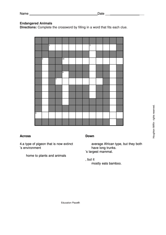 Endangered Animals Crossword Puzzle Template Printable pdf