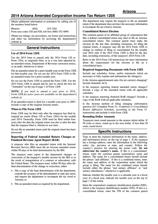Instructions For Arizona Form 120x - Arizona Amended Corporation Income Tax Return - 2014 Printable pdf