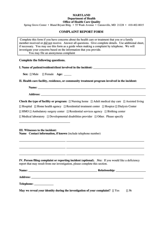 Complaint Report Form - Maryland Department Of Health Printable pdf