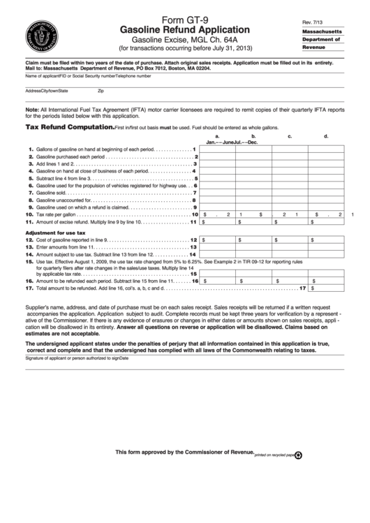 Fillable Form Gt-9 - Gasoline Refund Application Printable pdf