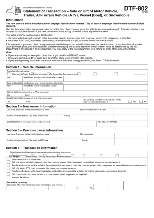 Form Dtf-802 - Statement Of Transaction - Sale Or Gift Of Motor Vehicle, Trailer, All-Terrain Vehicle (Atv), Vessel (Boat), Or Snowmobile Printable pdf
