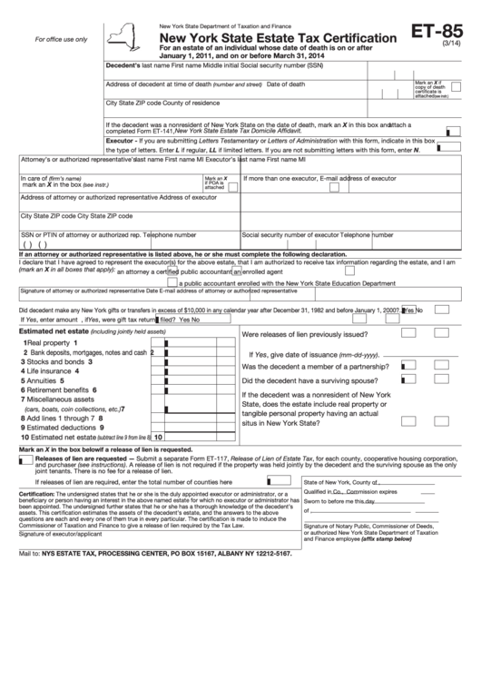 Form Et-85 - New York State Estate Tax Certification Printable pdf