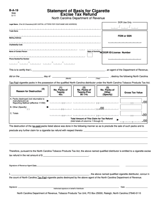 Fillable Form B-A-19 - Statement Of Basis For Cigarette Excise Tax Refund Printable pdf