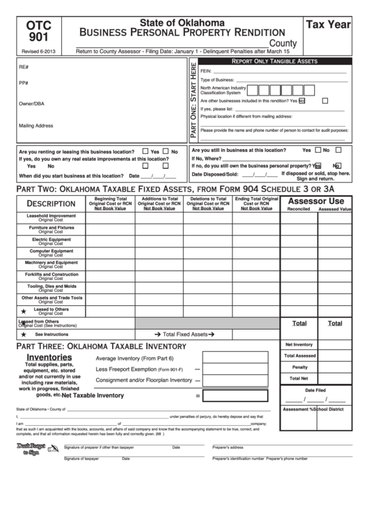 Fillable Form Otc 901 - Business Personal Property Rendition Printable pdf