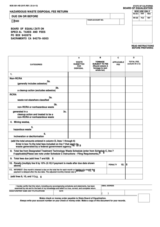 Fillable Form Boe-501-Hd - Hazardous Waste Disposal Fee Return Printable pdf