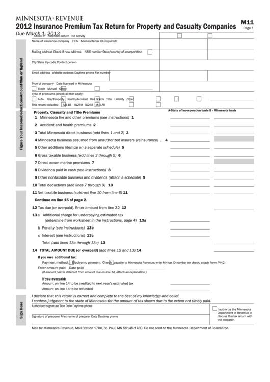 Fillable Form M11 - Insurance Premium Tax Return For Property And Casualty Companies - 2012 Printable pdf