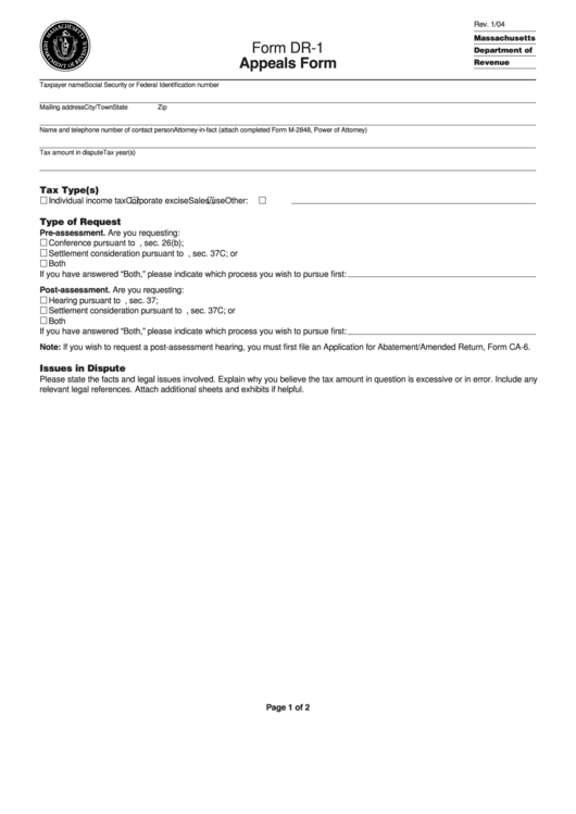 Fillable Form Dr-1 - Appeals Form Printable pdf