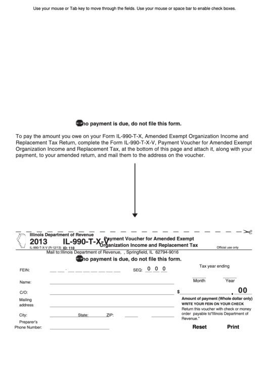 Fillable Form Il-990-T-X-V - Payment Voucher For Amended Exempt Organization Income And Replacement Tax - 2013 Printable pdf