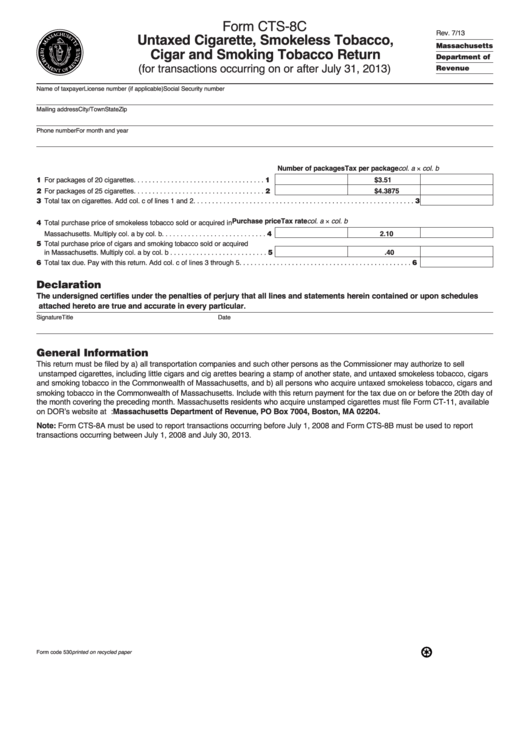 Fillable Form Cts-8c - Untaxed Cigarette, Smokeless Tobacco, Cigar And Smoking Tobacco Return Printable pdf