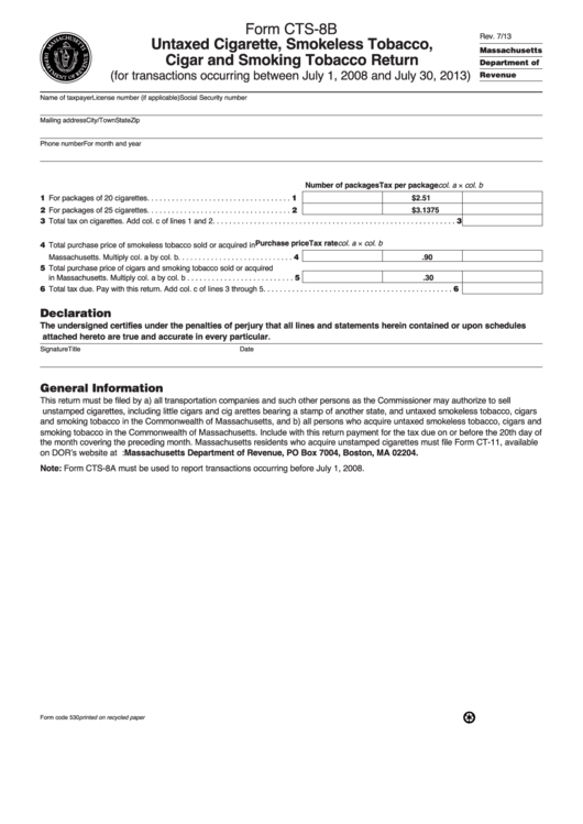 Fillable Form Cts-8b - Untaxed Cigarette, Smokeless Tobacco, Cigar And Smoking Tobacco Return Printable pdf
