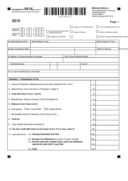 Fillable Georgia Form 501x - Amended Fiduciary Income Tax Return - 2015 Printable pdf