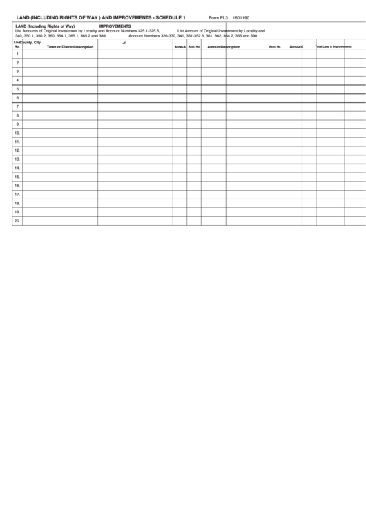 Fillable Form Pl3 (Schedule 1) - Land (Including Rights Of Way) And Impovements Printable pdf