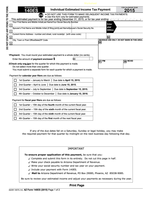 Fillable Arizona Form 140es - Individual Estimated Income Tax Payment - 2015 Printable pdf