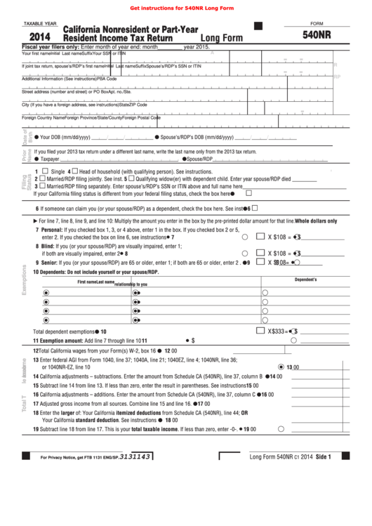 Fillable Form 540nr - California Nonresident Or Part-Year Resident Income Tax Return (Long Form) - 2014 Printable pdf