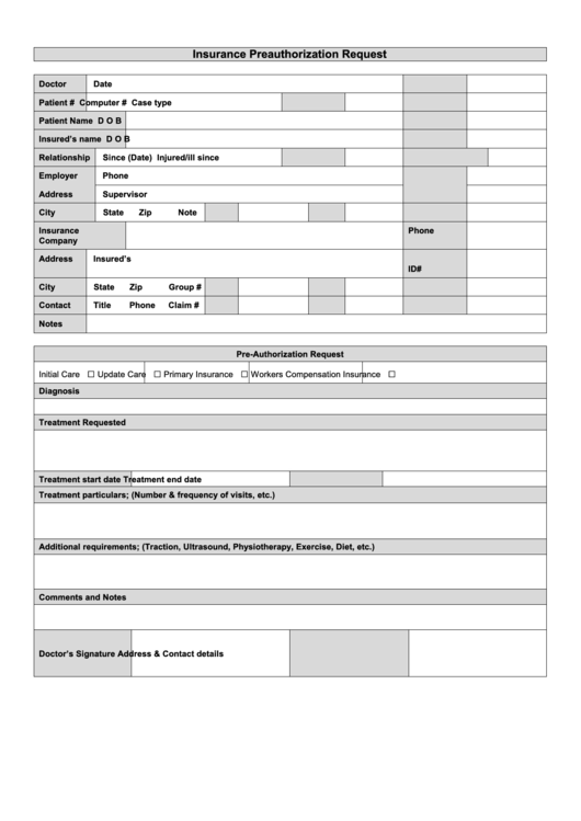Insurance Preauthorization Request Form Printable pdf