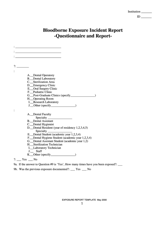 Bloodborne Exposure Incident Report Form Printable pdf
