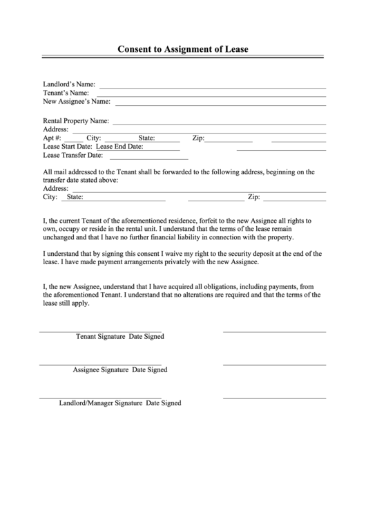 Consent To Assignment Of Lease Printable pdf