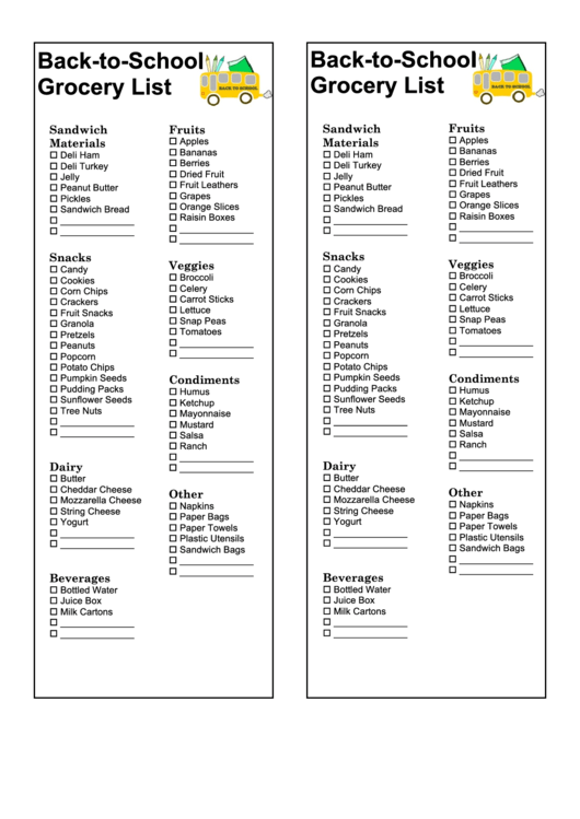 School Grocery List Printable pdf