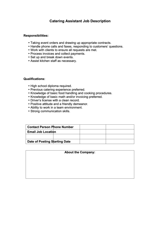 Catering Job Description Template Printable pdf