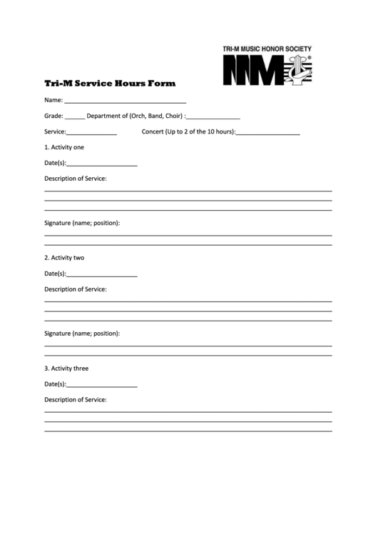 Tri-M Service Hours Form Printable pdf