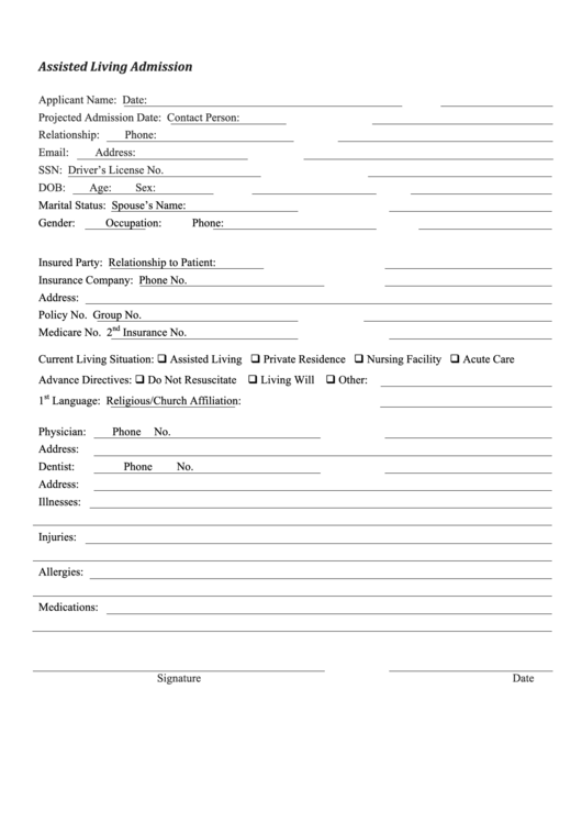 Assisted Living Admission Form Printable pdf