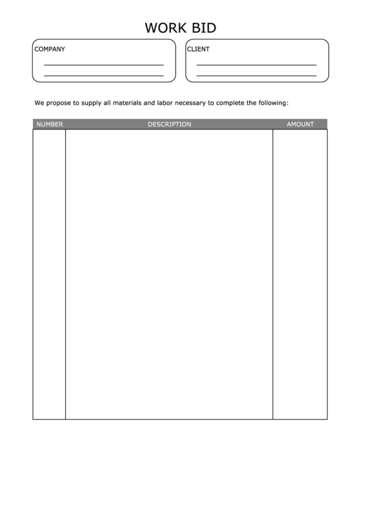 Work Bid Form Printable pdf