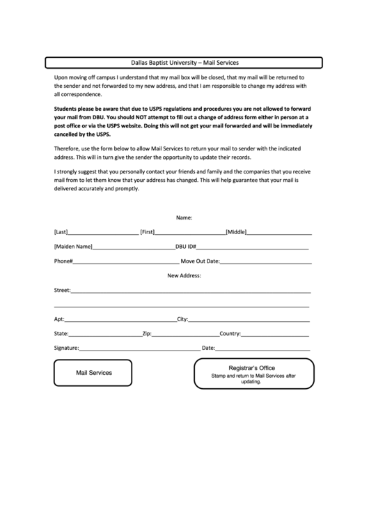 Permanent Change Of Address Form (Moving Off Campus) Printable pdf