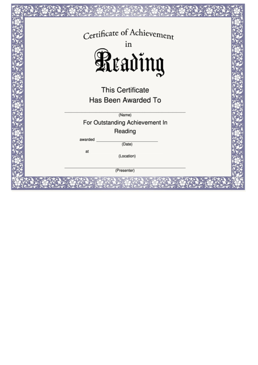 Reading Achievement Certificate Template - Blue Border Printable pdf