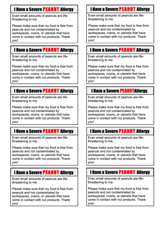 Peanut Allergy Place Card Printable pdf