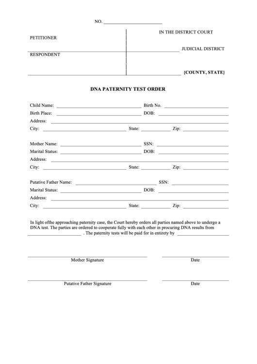 Paternity Test Order Form Printable pdf