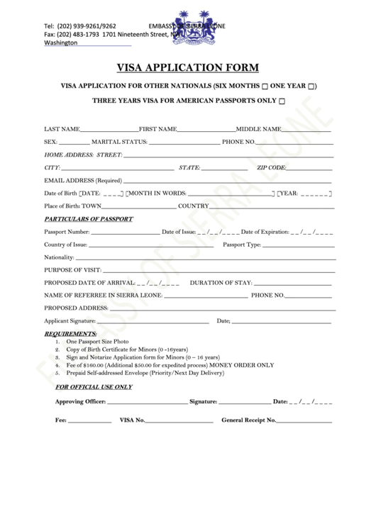 Republic Of Sierra Leone Visa Application Form
