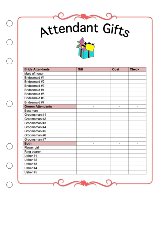 Wedding Planner - Attendant Gifts Checklist Printable pdf
