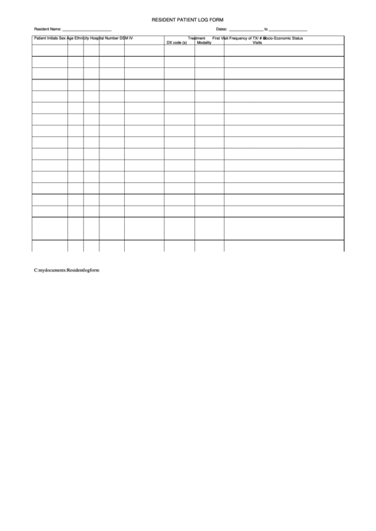 Resident Patient Log Form Printable pdf