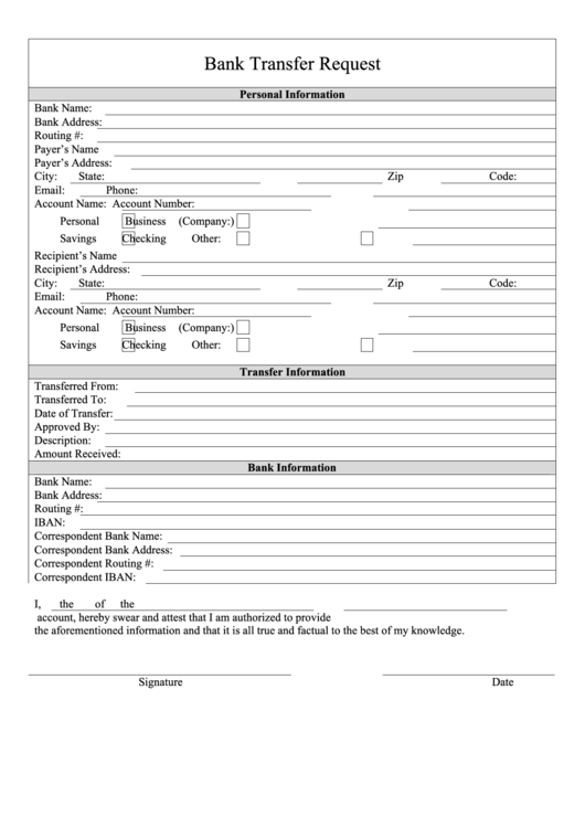 Bank Transfer Request Form Printable pdf