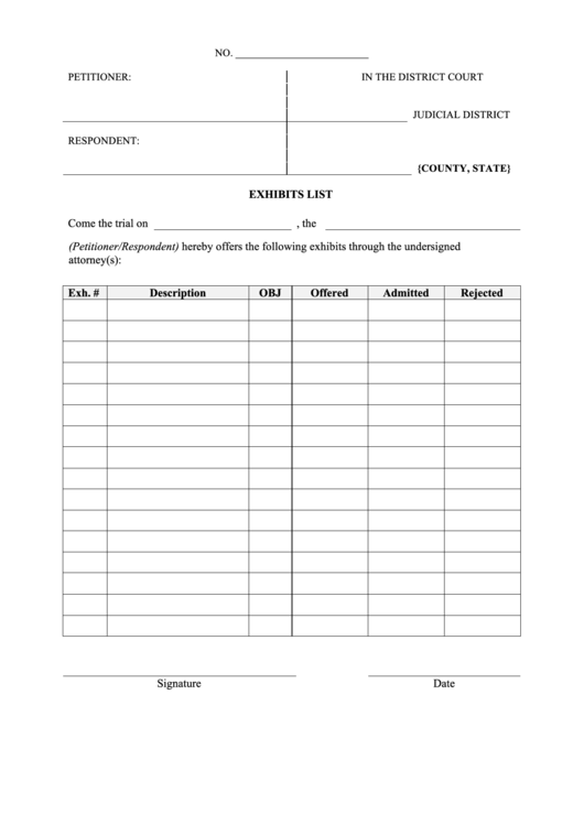 District Court Exhibits List Printable pdf