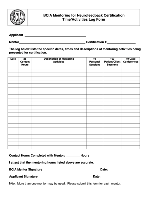 Bcia Mentoring For Neurofeedback Certification Time/activities Log Form Printable pdf