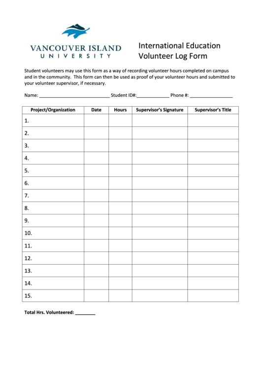 International Education Volunteer Log Form Printable pdf