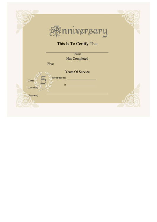 5 Year Anniversary Certificate Template Printable pdf